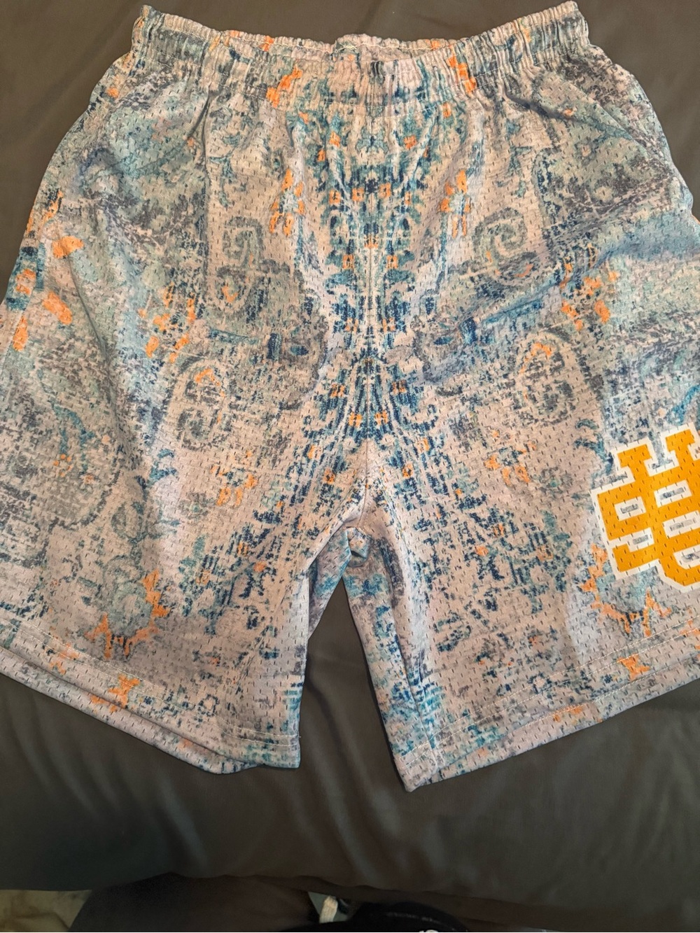 UNKNWN CREATIVE SHORTS - Men's Blue Patterned Athletic Shorts with Yellow Accent